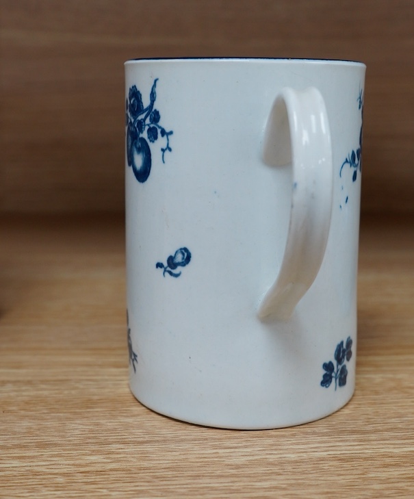 A Worcester blue and white porcelain mug, c.1775, 11.5cm high. Condition - fair to good.